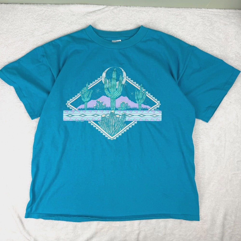 Vtg 1993 Miller Cactus Southwest Single Stitch T-Shirt Teal Mens Large Made USA